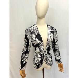 70s Lady Blair Black White Abstract Tie Front Long Sleeve Blouse